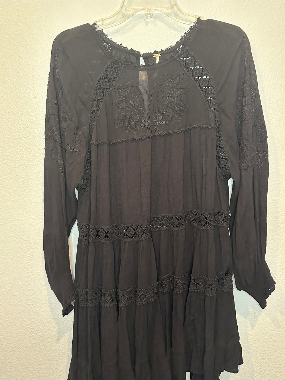 Free People Black Embroidered Crochet Boho Mini Dress S